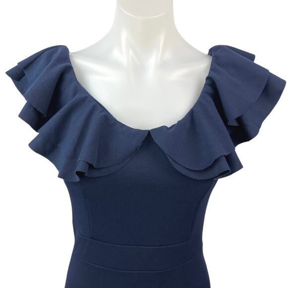 Quiz Navy Blue Ruffle Sleeve Stretch Cocktail Fitted Sheath Mini Dress Size 8 - Picture 3 of 5